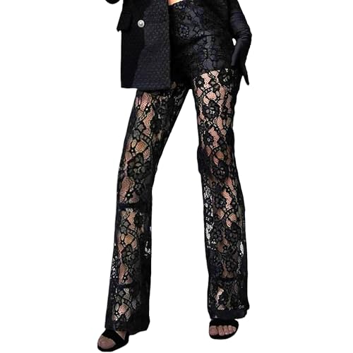 BOLLEY JOSS Women's Sexy See Through Floral Lace Pants Hollow Out Straight Leg Flare Pants