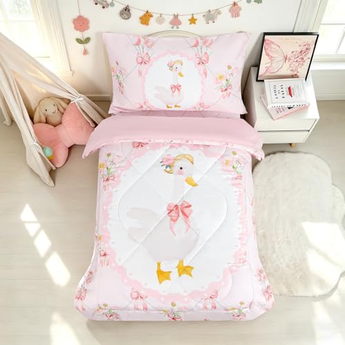 Image of Toddler Bedding Set for Girls, Kids Comforter Set Pink Reversible, Ultra Soft & Lightweight Crid Bedding Set Includes Comforter, Flat Sheet, Fitted Sheet, Pillowcase