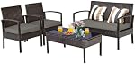 DORTALA Ensemble de meubles de patio en osier 4 Pièce, Ensemble de Conversation de Rattan tout-temps avec Table en verre trempé, Siège d'amour, Coussins, Table d'extérieur et Chaises pour Balcon, Porc, Cour arrière, Deck, Brun