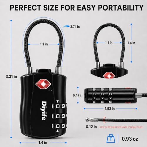 Diyife Luggage Locks TSA Approved, Flexible Steel Cable, Easy to Set Up — view 6