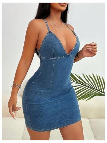 Floerns Women's Backless Criss Cross Denim Cami Dress Halter Neck Bodycon Mini Dresses3