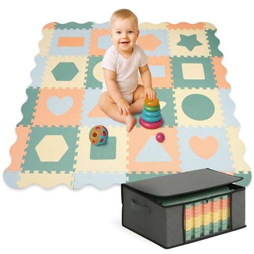 Cantoblanc® Alfombra Puzzle bebé Acolchada. Tapete de Actividades Bebé + Bolsa de Almacenaje. 36 Piezas Gruesas Acolchadas Figuras Geométricas y Bordes. Tapete Suelo Goma Eva Grande (140x140x1,2cm).