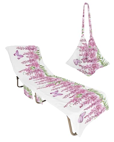Pink Weeping Floral Beach Lounge Chair Towel Cover, Soft Chaise Lounge Towel with Side Pockets Patio Pool Chairs Cover for Beach/Pool Sunbathing 29x85 Spring Summer Botanical Butterfly