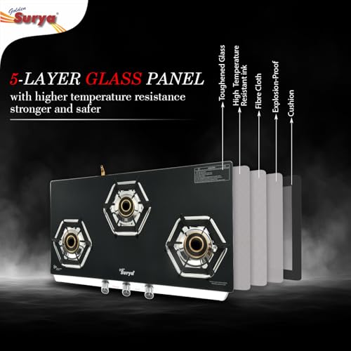 Image of GOLDEN SURYA Premium FlameX 3 Burners Manual Ignition Gas Stove (ISI Certified) 18 Months Warranty, Heavy Tornado Brass Burner, Thick Toughened Glass Top, LPG Compatible Cooktop