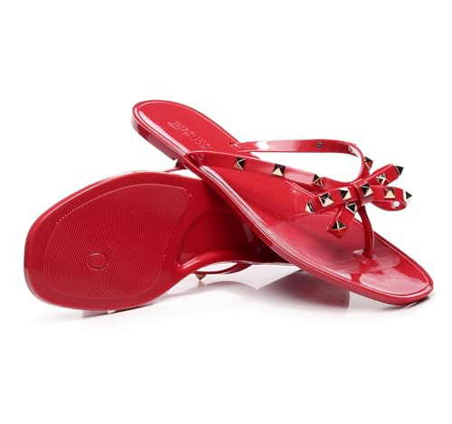 Womens Studded Sandals Bow Flip Flops Jelly Shoes Womens Beige Jellies Flat Size 7, Summer Beach Thong Slides with Rivets Dressy Slippers Slip On 7