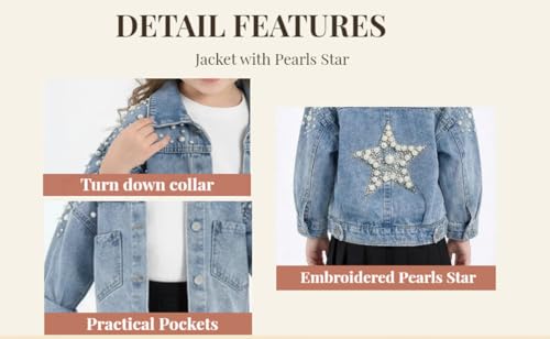 Image of Girls' Classic Pearls Denim Jackets Kids Button Down Jeans Jacket Top Coat Outwear