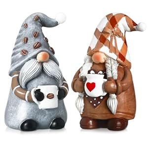Chunful 2 Pcs Coffee Gnomes Figurines Christmas Coffee Bar Decor Accessories Fall Decorations Cute Resin Gnomes Gifts for Home Swedish Elf Dwarf Tomte Tiered Tray Collectible Decor, 4.5H