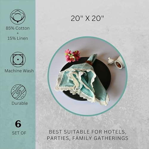 Image of FINGERCRAFT Cloth Napkins Set of 6, 20x20 Inch, Cotton Linen Blend Table Napkins with Premium White Lace Edge, Reusable Washable Dinner Napkins for Wedding, Festive Dining, Parties & Home Decor (Aqua)