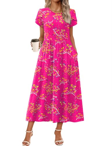 Image of Zeagoo Summer Dresses for Women 2026 Maxi Bohemian Floral Short Sleeve Long Dress Casual Flowy Tired Beach Sundress