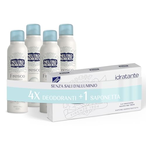 Neutro Roberts, Deodorante Spray Fresco Classico, Zero Sali di Alluminio, Zero Macchie, con Puro Olio di Glicerina, Deodorante Uomo e Donna, Dermatologicamente Testato, 48h - 4 Pezzi da 150 ml