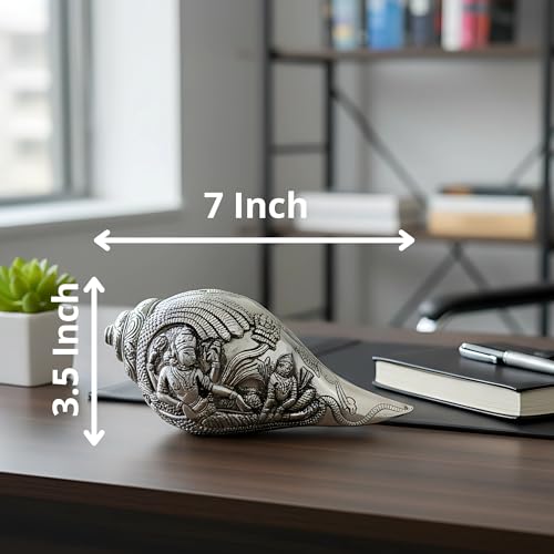 Image of Silver Plated Vishnu Lakshmi Shankh - 7 Inches Antique Finish Decorative Conch Shell with Detailed Religious Engravings - Auspicious Vastu Pooja Item for Home Mandir - Ideal Spiritual Gift