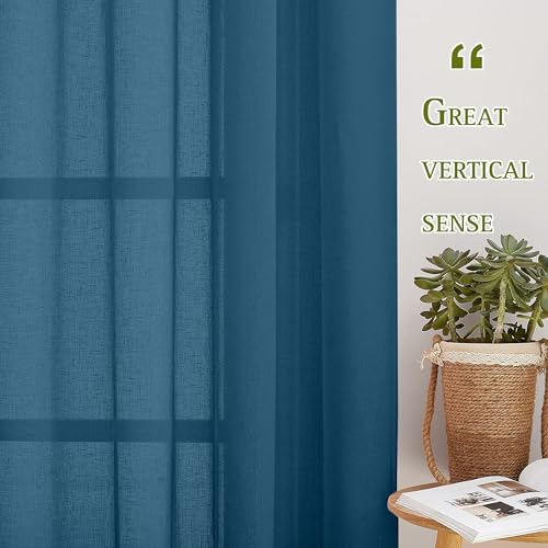Image of Amazon Basics - Linen Textured Sheer Door Curtains | Light Filtering | 5 Feet | Set of 2 | Plain Design | for Living Room, Bedroom & Balcony | 150cm x 115cm, Color - Navy Blue