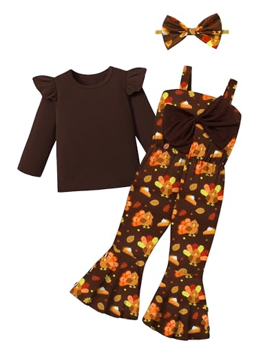 Queenstyle Thanksgiving Outfit Toddler Girl 2t 3t Long Sleeve Ruffle Top Thanksgiving Toddler Girl Outfits Flare Leg Pants Overalls with Headband
