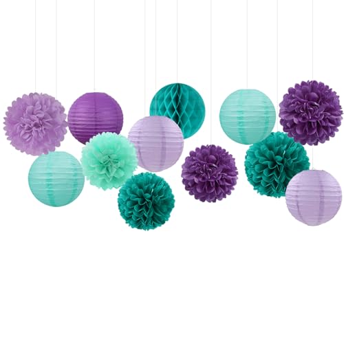 Image of Teal-Purple Party-Decorations Paper Flowers Lanterns - 15PCS Lavender Girl Mermaid-Birthday Tissue Pom Poms Streamers,Baby Bridal Shower Wedding Classroom Hanging Supplies Decor Hugfond