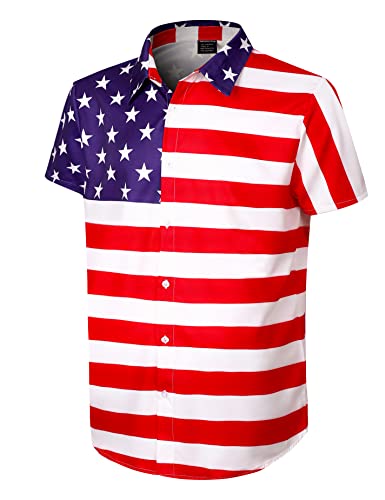 Mens American Usa Flag Patriotic Button Up Down Shirt 4Th Of July Independence Day Short Sleeve Stripes Outfits, Red, X-Large #TOP1