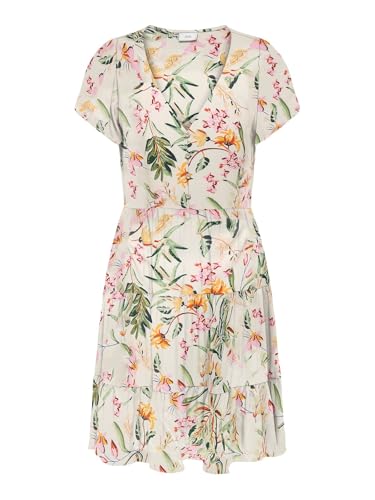 JDY Damen Viskose Kleid JDYSezen Life Kurzarm-Sommerkleid mit Blumen Knielang 15351568 Cloud Dancer/Tropical Flowers L