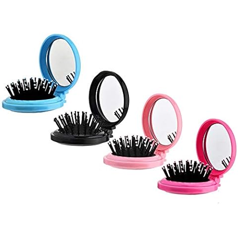 4 Pcs Round Travel Hair Brush with Mirror Folding Pocket Hair Brush Mini Hair Comb Compact Travel Size Hair Massage Combor for Women and Girls Cover