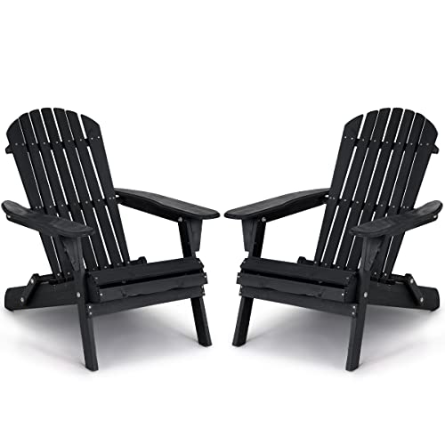 Folding Adirondack Chair Set Of 2 Patio Chairs Weather Resistant Folding Outdoor Chair Solid Wooden Heavy Duty Reclining Fire Pit Chair For Deck, Lawn, Backyard, Garden-Black #TOP7