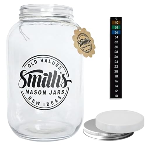 Smith's Mason Jars XXL 3.7L Tarro de Galón de Abertura Ancha con 2 Tapas a Rosca (Metal y...
