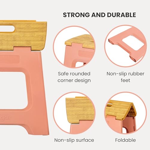 Image of Vigar Compact Folding Step Stool, 12-1 /2 in, Orange Bamboo Print | 12-1 /2 in Foldable Stool, Lightweight Portable Design, Handle, Non Slip Surface, Space-Saving, Supports up to 330 lb
