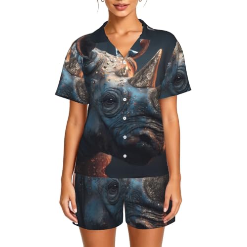 Pijama de rinoceronte para mujer con botones manga corta y cintura elástica