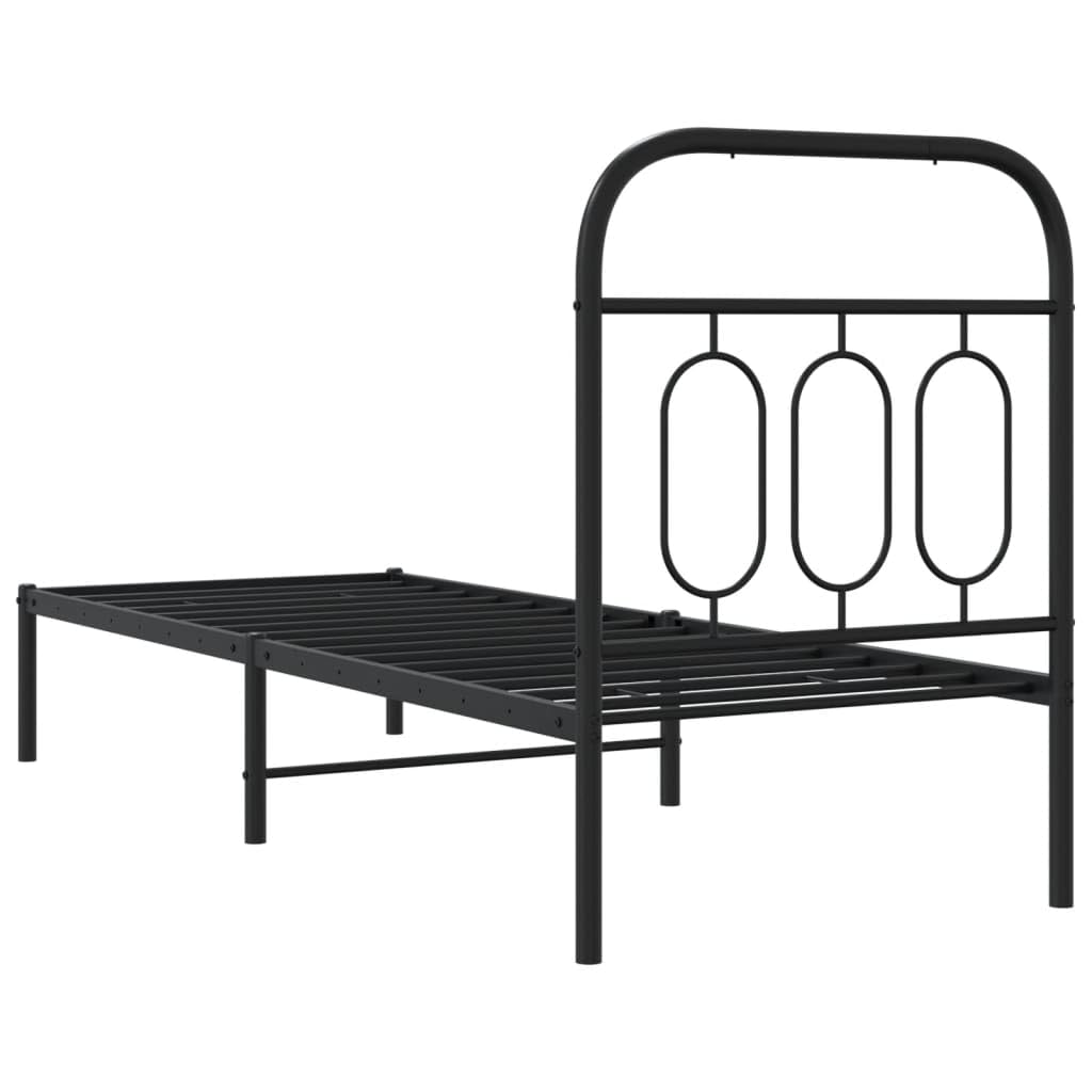 Black Metal Bed Frame 75x190 cm with Headboard | Features a steel slat platform that eliminates the need for a box spring and provides under-bed storage.
