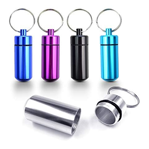 Deke Home - Keychain Pill Holder (5 Pack), Aluminium Small Pill Case, Waterproof Pill Bottle Organizer, Portable Mini Travel Container for Medicine & Vitamins, 1.4oz Each, Secure Keychain Mount Cover