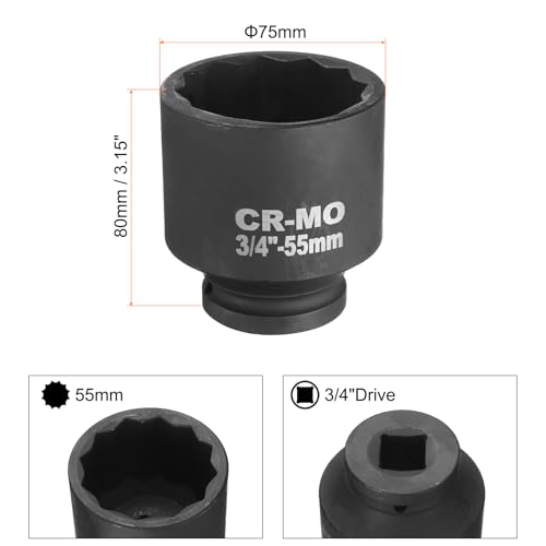 Miniatura 2 de Quarkzman Llave De Vaso De Impacto De 12 Puntos De 55 Mm Para Tuercas De Eje Métricas De 3 4 Pulgadas Para Reparación De Automóviles Fácil De Quitar