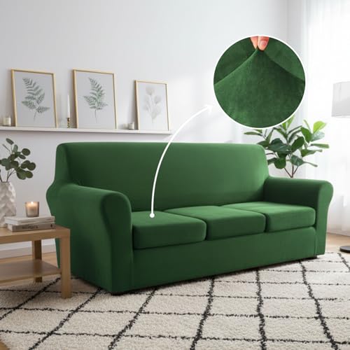 NICEEC Spandex Stretch 4 Pieces Sofa Covers Water Repellent Couch Covers for 3 Cushion Couch Sofa Pet Friendly Soft Sofa Slipcovers for Living Room Easy Fit Furniture Protector Washable(Green) - Image 3