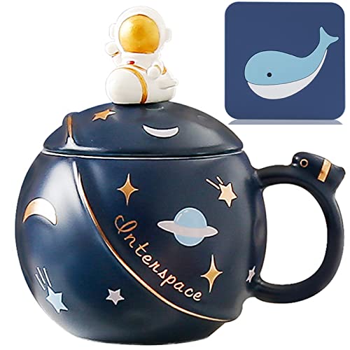 Disoza Astronaute Tasse à thé en céramique avec couvercle Planet Cut Mug 450 ml Motif étoile lune Cadeau Tasse à thé en céramique avec cuillère et dessous de verre Thé Café Noël Tasse d'anniversaire Cover