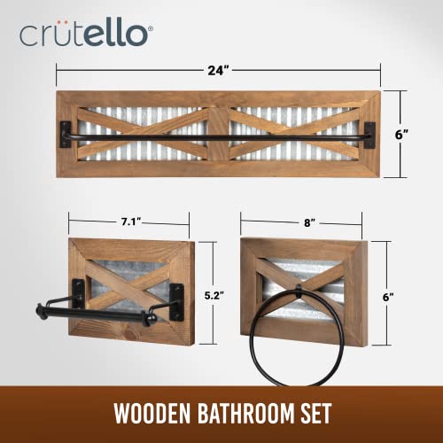 Crutello Rustic Towel Bar Toilet Paper Holder Set With Towel Ring For Bathroom- Wall Mounted Bathroom Racks - Barnwood, Galvanized Backing & Black Metal Bar, Farmhouse Decor #TOP1