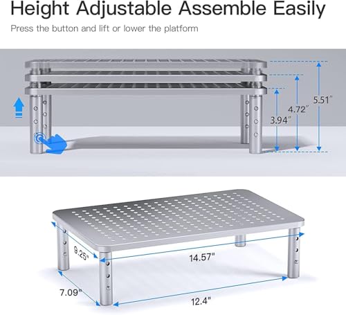 Image of HUANUO Monitor Riser - 3 Height Adjustable Stand for Laptop, Computer, iMac, PC, Printer, Desktop Ergonomic Metal Monitor Riser with Mesh Platform
