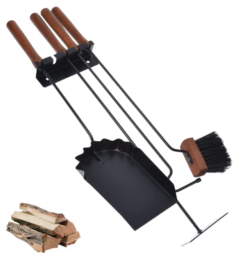 Aqbau® Kaminbesteck Schwarz Wandhängend 4 tlg SET - Kamingarnitur mit Ascheschaufel, Kaminzubehör Modern - Kamin Besteck - Kaminwerkzeug...