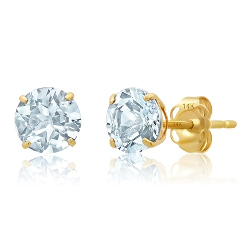 14K Yellow Gold Round Aquamarine Stud Earrings for Women with Push Backs | 6mm Blue March Birthstone Earrings | Solid Real 14 Karat Gold Gemstone Earrings for Women by MAX + STONE