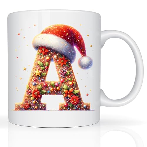 Star Online Personalised Christmas Mug Custom Printed Intial Mug 11oz Ceramic Coffee Cup Xmas Eve Secert Santa Gifts for Kids, Friends & Family (Sparkle Alphabets)