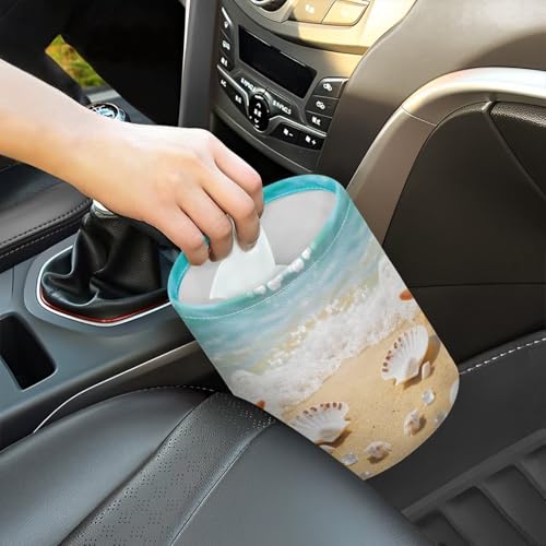 Image of Beach Sea Shell Print Car Trash Can - Multi-Purpose, Waterproof, Leak-Resistant, Easy to Clean, Car Interior Decoration