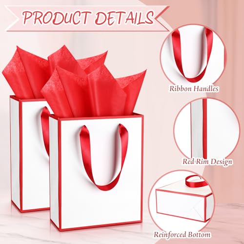 Image of Yeaqee 24 Pack Metallic Paper Gift Bag with Tissue, White, Dark Red | with Satin Ribbon Handle and Tissue, 9x7x3.1 Inch, Suit Business, Birthday, Christmas, Thank You Return Gifts Bags