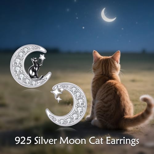 Moon Cat Earrings Sterling Silver Black Cat Stud Earrings Moon Animal Jewelry for Women Mom4
