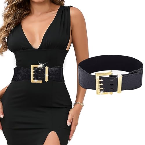 Tgirls Women's Elastic Belt Wide Leather Belts Stretch Waistband Cinch Gold Buckle Waist Belt for Dresses