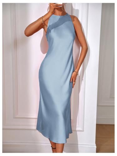 Image of Floerns Women's Elegant Crew Neck Maxi Slit Cocktail Tank Wedding Dress | Boat Neck, Side Slit, Long, Party, Cocktail, Formal, Rehearsal Dinner Guest Midi Dress