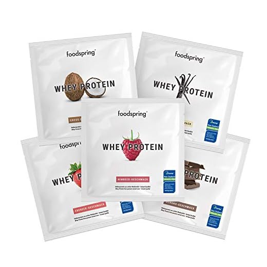 foodspring - Whey Protein monoporzione - 5 x 30g gusti diversi - 80% di proteine del siero del latte - Proteine per lo sviluppo muscolare da portare in viaggio o fuori casa - Made in Germany