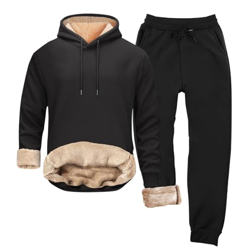 Generisch Chándal para hombre con forro polar, traje de ocio con capucha y pantalones de jogging, traje deportivo cálido para hombre, traje de jogging, traje de casa para correr, Negro , L