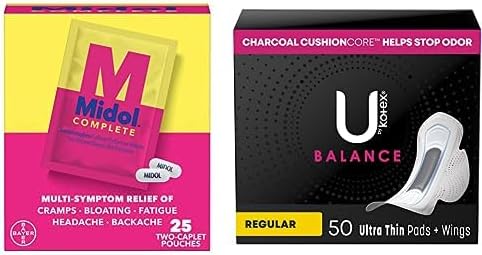 Midol Woman-on-The-Go - Cápsulas completas para aliviar el dolor menstrual, 50 unidades (25 bolsas de 2) y almohadillas ultrafinas U de Kotex