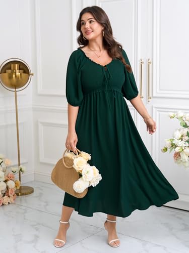 Image of CICIDUDU Women's Plus Size Maxi Dress Wedding Guest Half Sleeve V Neck Bowknot Smocked Milkmaid Flowy Dresses for Women