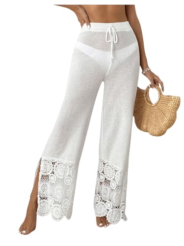 Verdusa Women's Contrast Lace Crochet Sheer Swim Coverups Paisley High Rise Split Pants