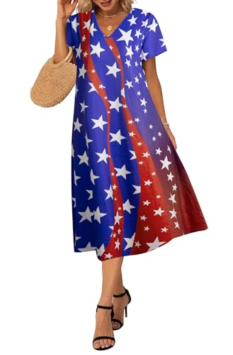 Image of LUKYCILD American Flag Dress Women 4th of July Patriotic Shirt USA Stars Stripes Dresses Sexy V- Neck Summer Sundress