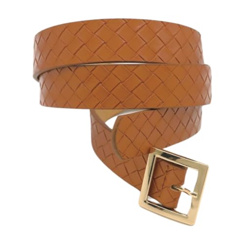 Women Brown Classic Fashion Belt - Hip Waist Basket Weave Band Gold Square Buckle S M z005