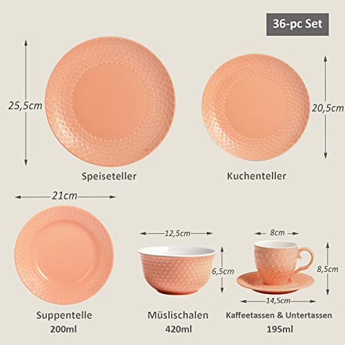 suntun Geschirrset 6 Personen, 36 teilig Porzellan Retro Orange Tafelservice Geschirr-service Kombiservice mit 6 Speiseteller, 6 Suppenteller, 6 Kuchenteller, 6 Schalen, 6 Kaffeetassen, 6 Untertassen - Image 4