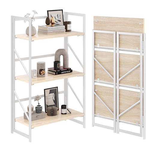 Image of JSB 3 Tier No Assembly Folding Bookshelf, Industrial Metal Book Shelf for Storage, Vintage Wood Foldable Bookcase for Living Room, Bedroom, Office Organization Shelves