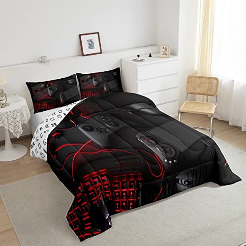 Gamer Comforter Set Black Gamepad Down Comforter, Modern Novelty Sci-Fi Style Video Games Decor Quilted Duvet Boys Teens Kids Electronic Game Console Joysticks Player Gaming Soft Duvet Inser